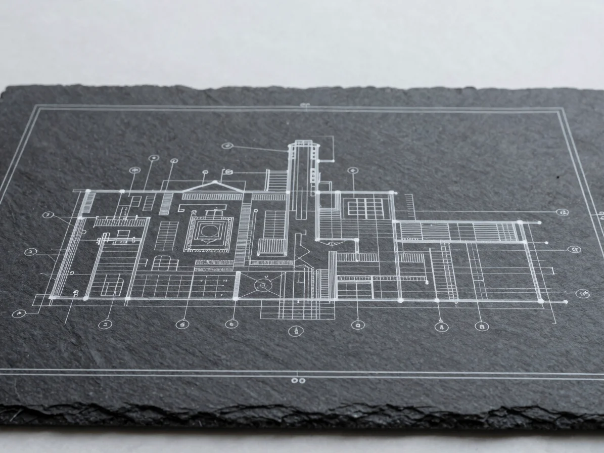 Top-down architectural layout of industrial blueprints, flat lay