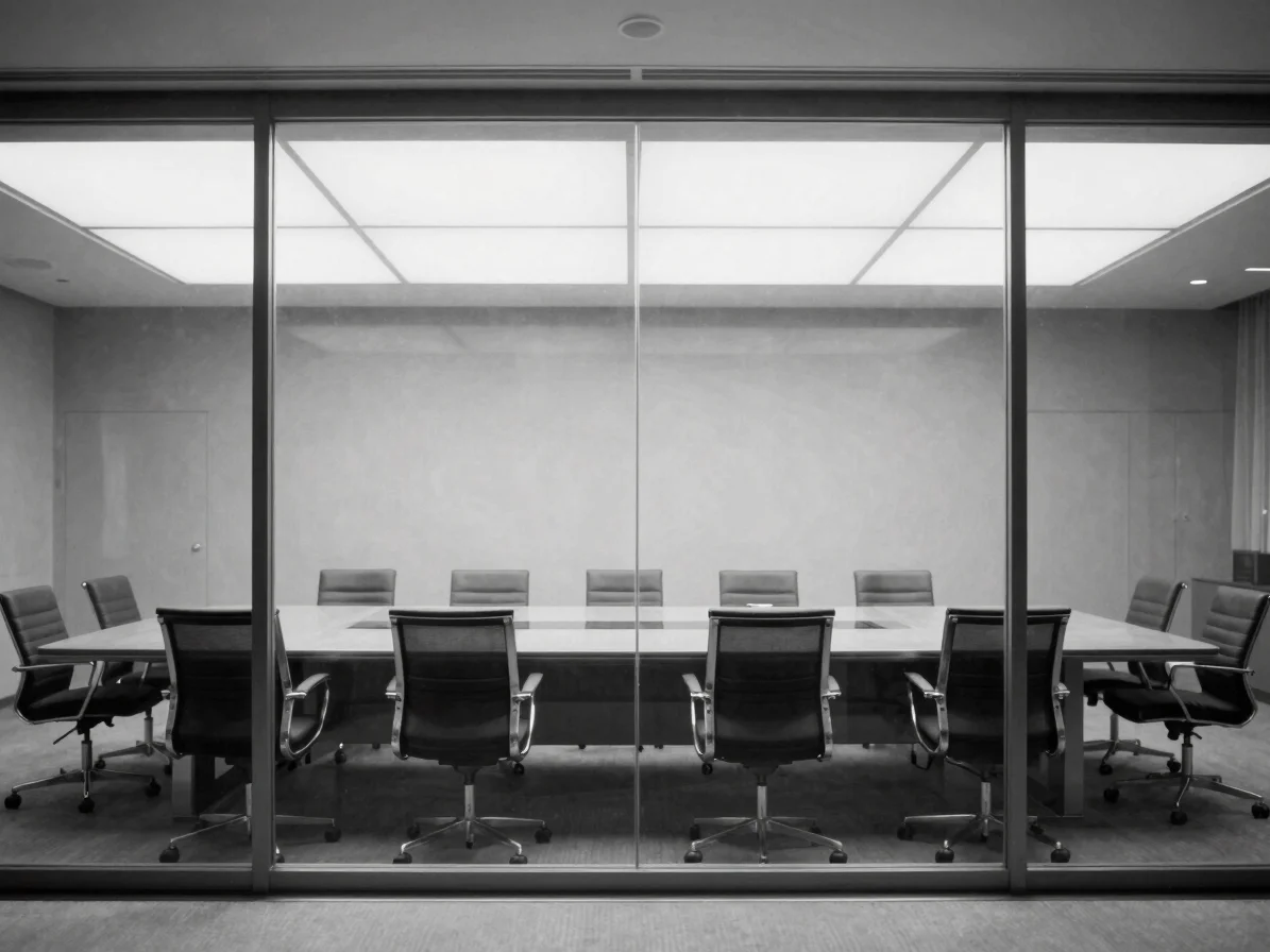 Empty executive boardroom space viewed through high-contrast glas
