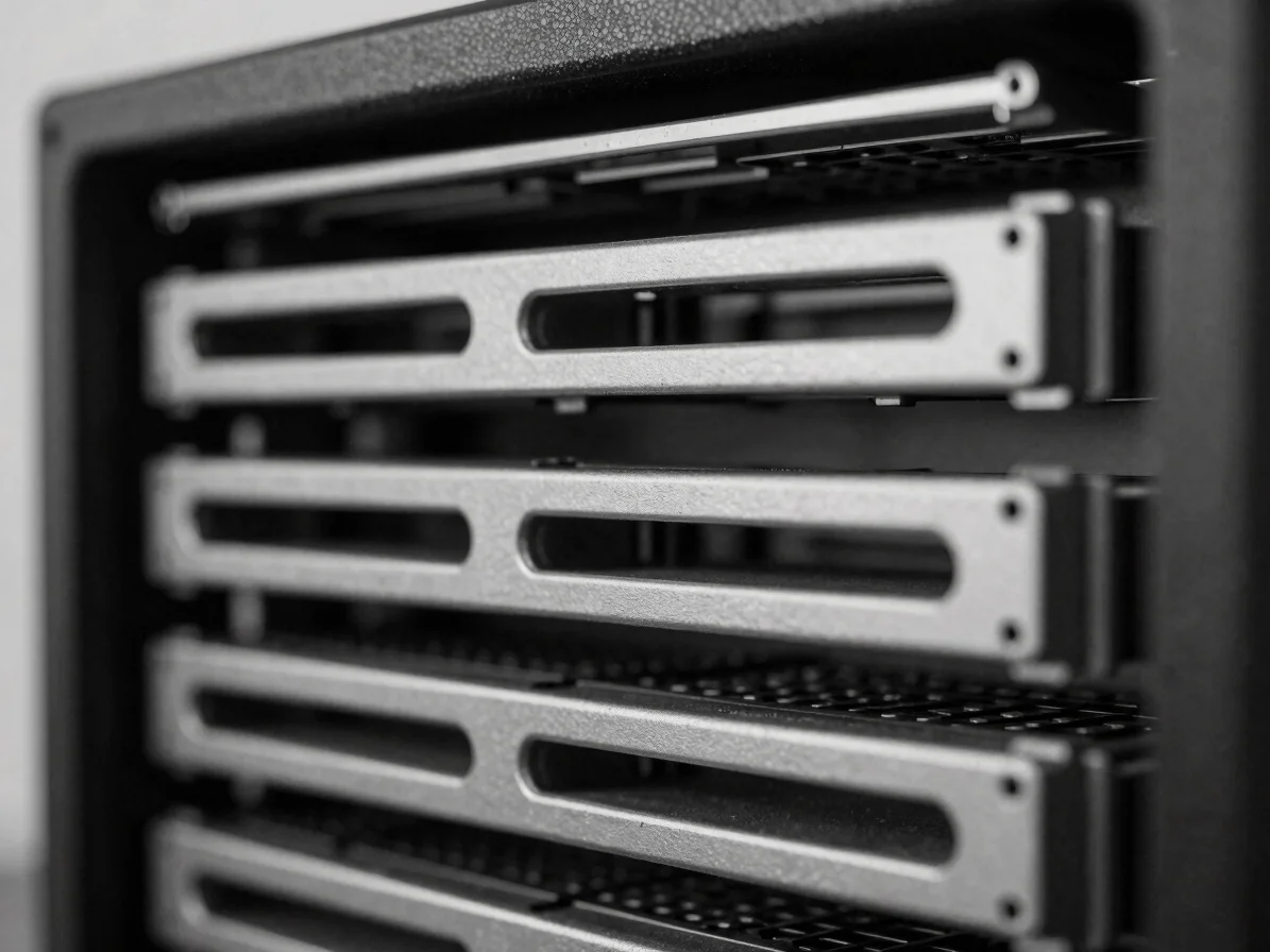 Macro close-up of server hardware in neutral daylight, cool high-